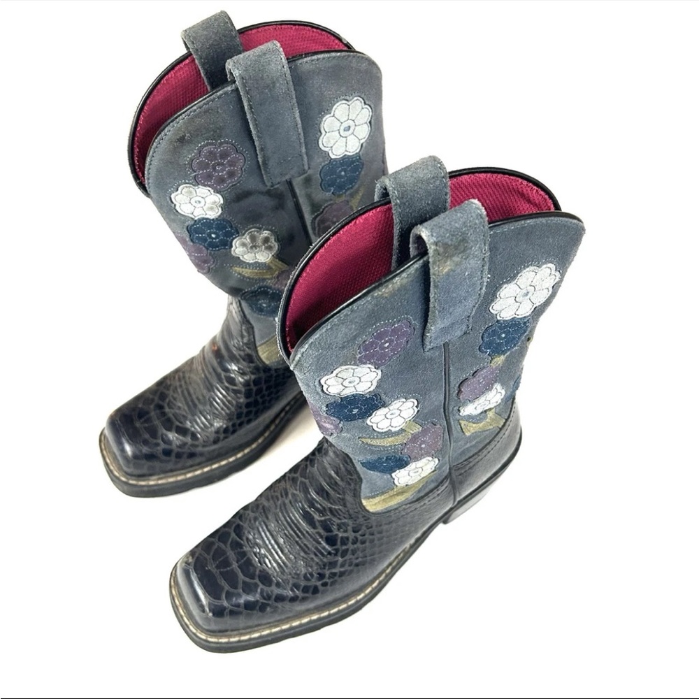 Ariat Women’s Size 6.5B Square Toed Cowboy Boots Black Leather Blue Floral #3015